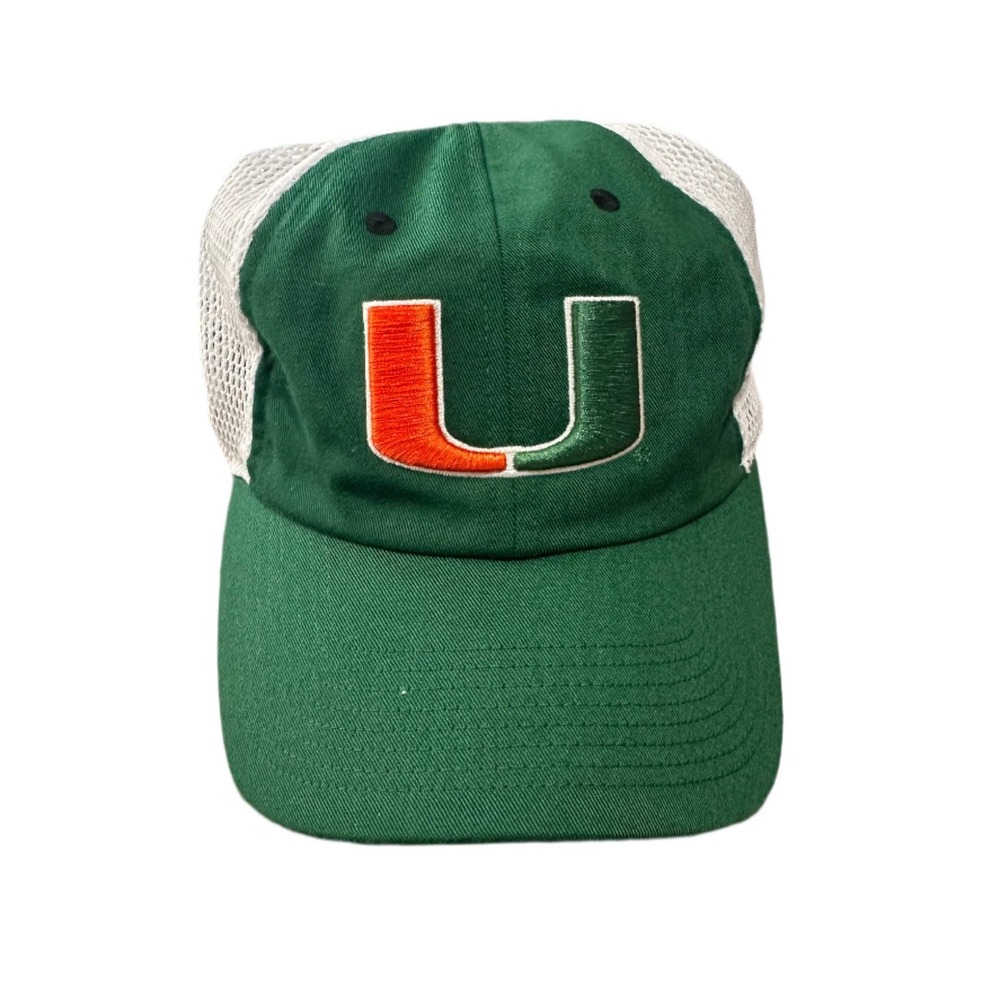 Adidas University Miami Hurricanes Trucker Hat Green Distressed Adjustable New‎